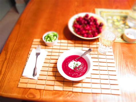 chilled-beet-soup-with-chevre-cream-and-garnishes image