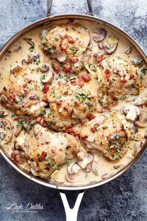 creamy-baked-chicken-thighs-with-mushrooms-bacon image