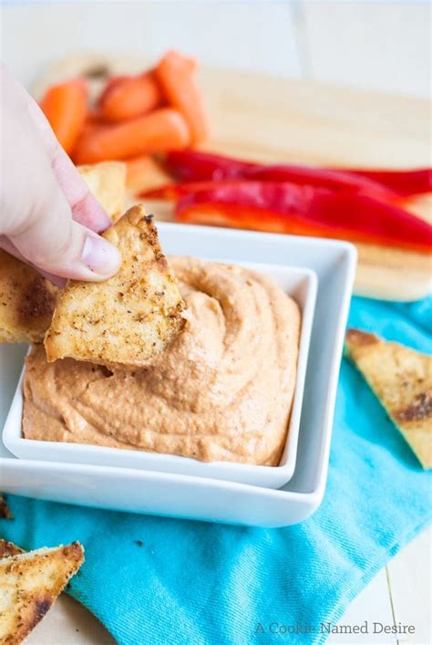 creamiest-roasted-red-pepper-hummus-with-pita-chips image