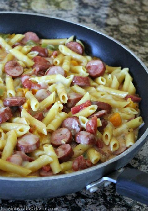 one-pot-cheesy-smoked-sausage-pasta-love-to-be-in image