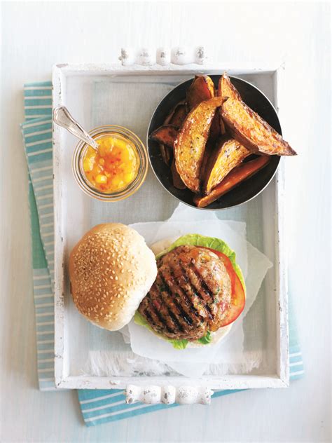 turkey-and-apricot-burgers-with-sweet-potato-wedges image