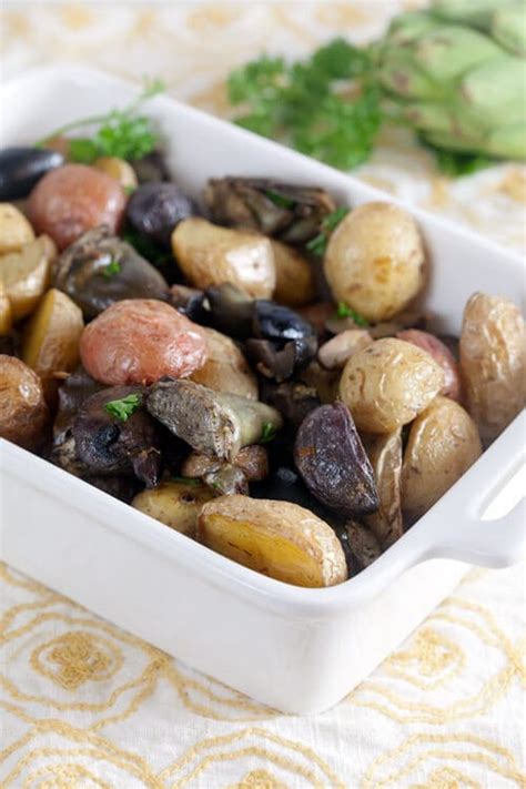 roast-potatoes-with-artichokes-mushrooms-and-olives image