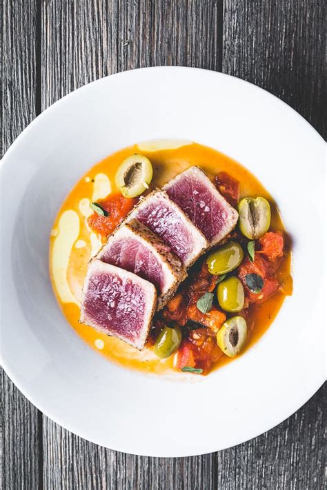 seared-tuna-with-quick-tomato-and-olive-sauce image