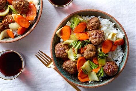 orange-glazed-meatballs-with-bok-choy-jasmine-rice image