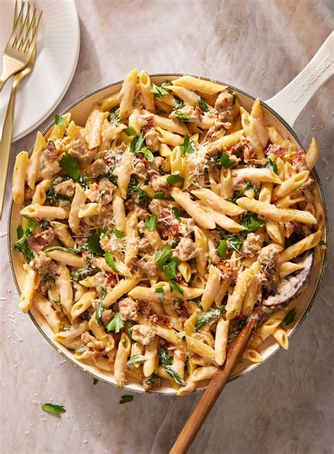 creamy-penne-with-sausage-sun-dried-tomatoes image
