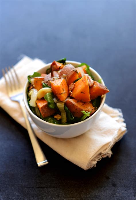 dill-roasted-sweet-potatoes-warm-spinach-salad image