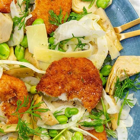 crab-cakes-with-fennel-artichoke-and-broad-bean image