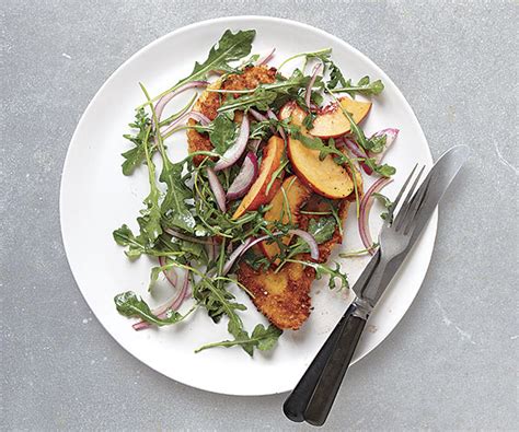 chicken-cutlets-with-peach-and-arugula-salad image