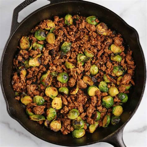 sweet-chili-ground-beef-and-brussels-sprouts-skillet image