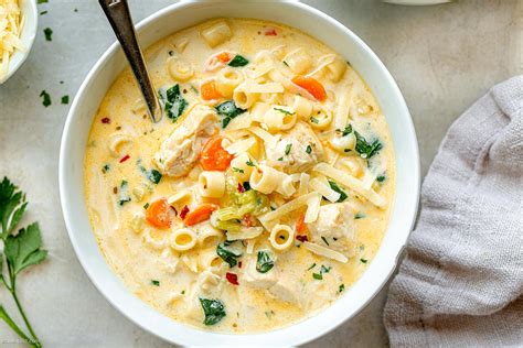 creamy-chicken-soup-with-pasta-and-spinach-eatwell101 image