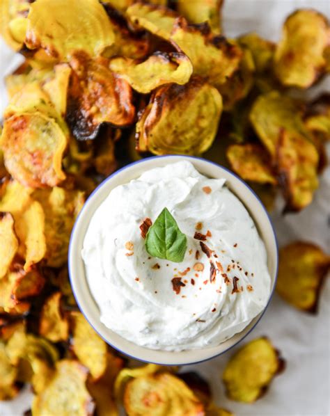 golden-beet-chips-with-spicy-goat-cheese-dip image