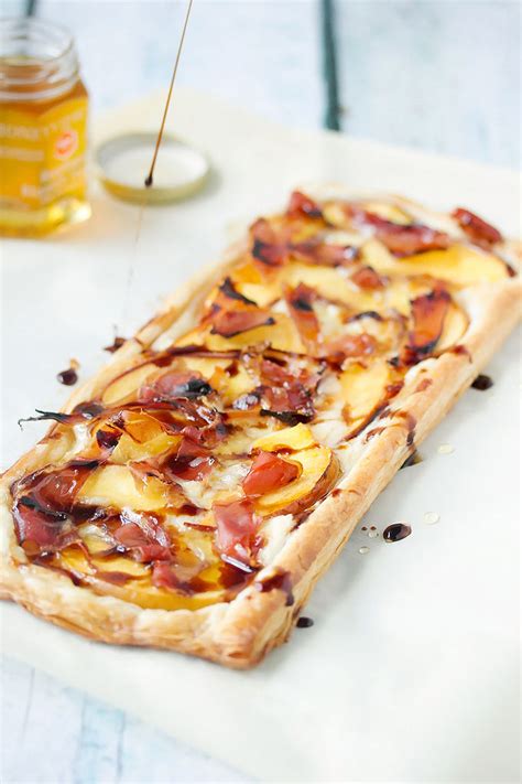 peach-puff-pastry-tart-with-prosciutto-brie-simple image