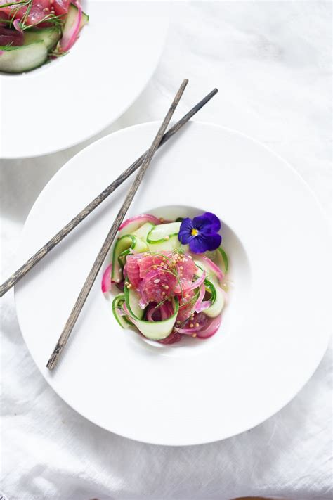 ahi-salad-with-cucumber-ribbons-pickled-onions-and-dill image