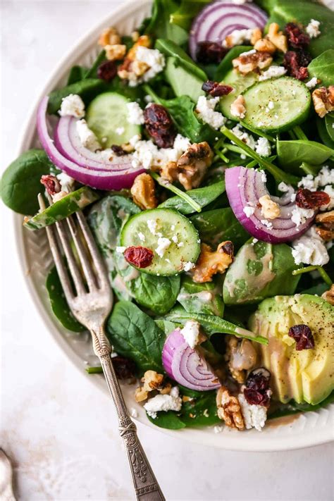 easy-spinach-salad-with-creamy-balsamic-vinaigrette-eating-bird image