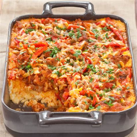 polenta-casserole-with-sauted-bell-peppers-and-sausage image