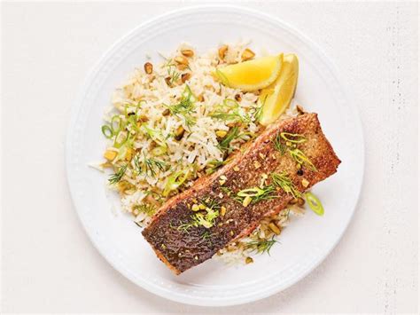 spiced-salmon-with-lemon-rice-recipe-food-network image