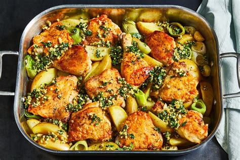 chicken-potatoes-and-leeks-with-pine-nut-gremolata image