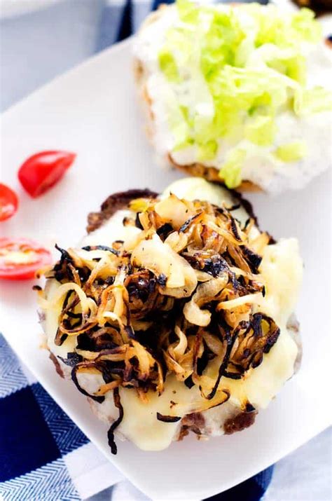 cheeseburgers-with-sauted-onions-and-horseradish-mayo image