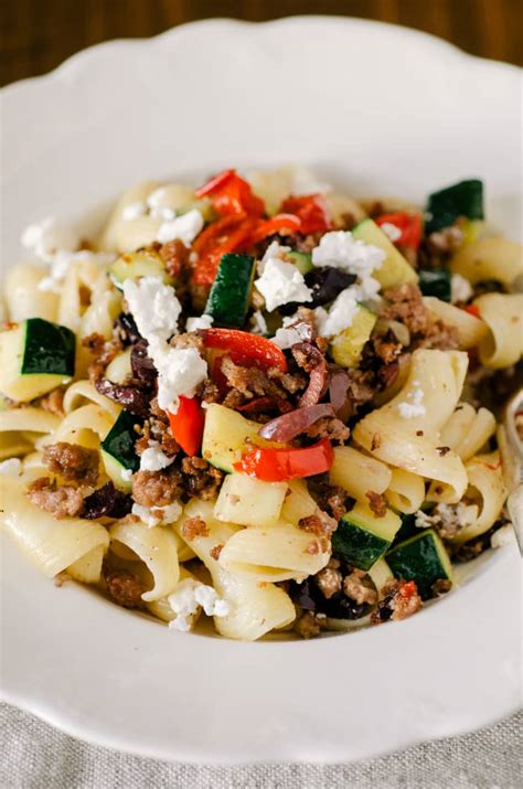 quick-dinner-recipe-greek-pasta-with-lamb-zucchini-and-feta image