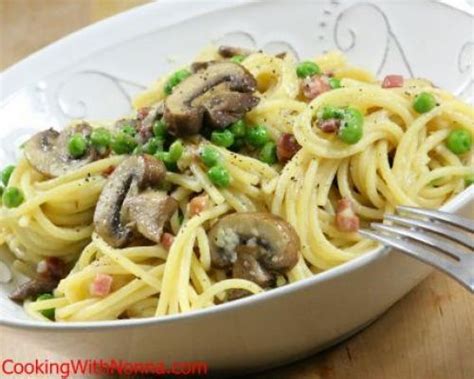 spaghetti-with-peas-prosciutto-and-mushrooms image