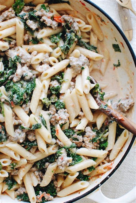 creamy-penne-with-tomatoes-kale-and-sausage-bev-cooks image