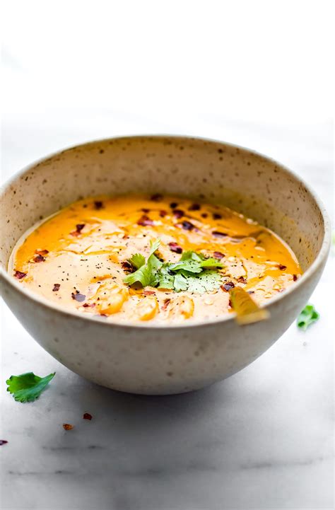 healing-roasted-red-pepper-bisque-with-shrimp-dairy image