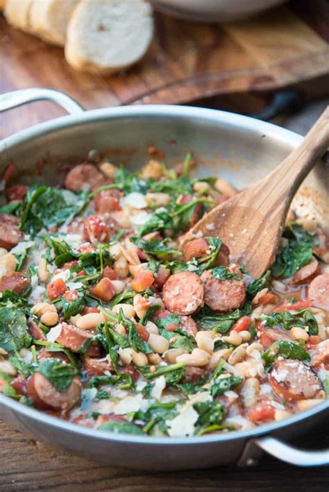 skillet-sausage-and-white-beans-with-spinach image