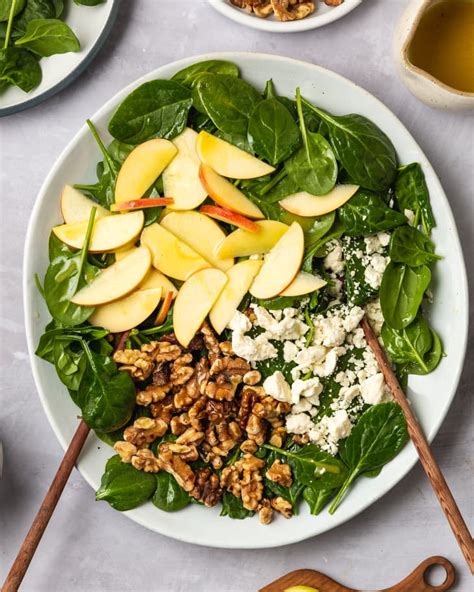 spinach-salad-recipe-with-apples-walnuts-and-feta image