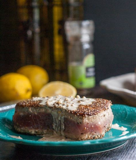 pepper-tuna-steak-recipe-with-lemon-dijon-cream image