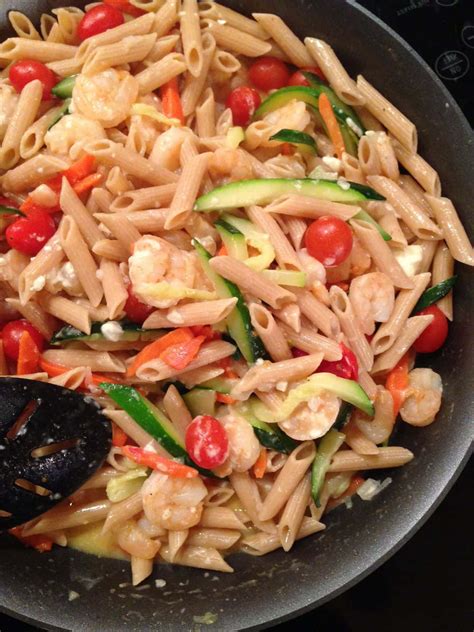 skillet-shrimp-and-vegetable-pasta-with-feta-aggies-kitchen image