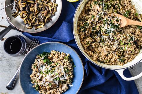 baked-farro-risotto-with-mushrooms-and-kale image