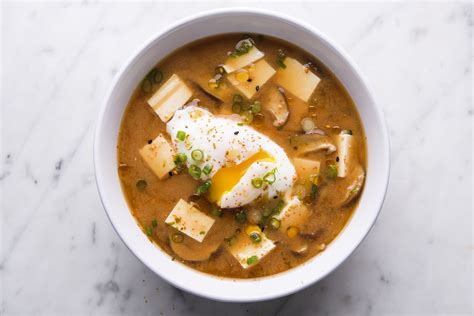 miso-soup-with-shiitake-mushrooms-and-poached-eggs image