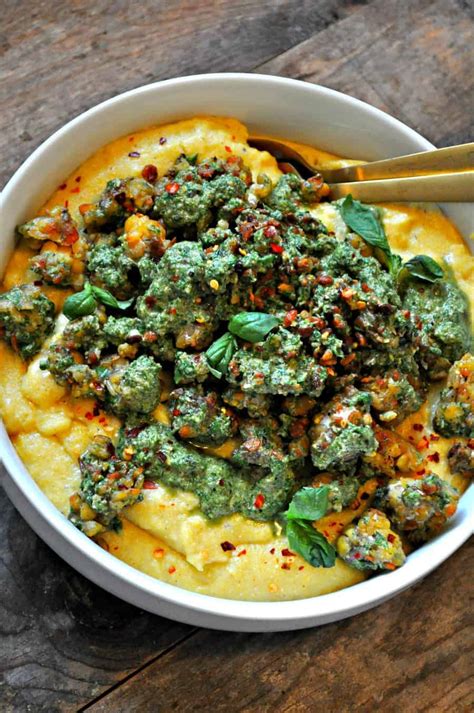vegan-crispy-pesto-tempeh-with-parmesan-polenta image