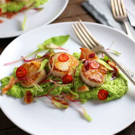seared-scallops-with-chili-lime-butter-pea-pure-and image