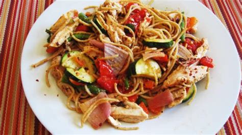 pasta-with-vegetables-and-grilled-chicken-recipe-sparkpeople image