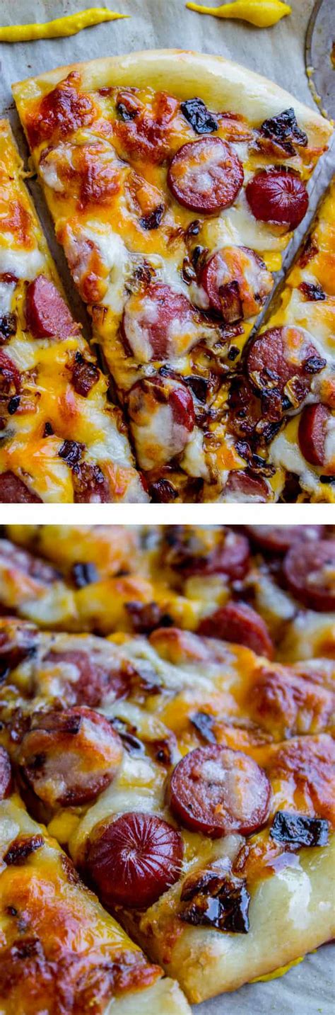leftover-hot-dog-pizza-with-caramelized-onions image