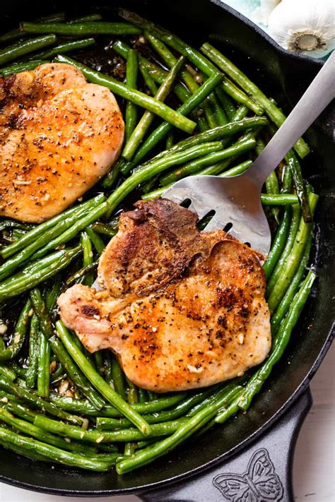 skillet-garlic-butter-pork-chops-and-green-beans-the image