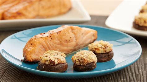 baked-salmon-with-bacon-stuffed-mushrooms image