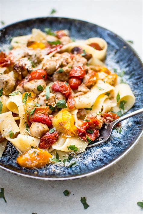 healthy-chicken-sausage-pasta-with-roasted-tomatoes image