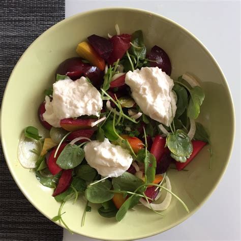 burrata-with-roast-beets-plums-fennel-and-watercress image
