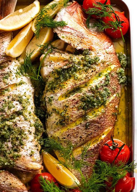 whole-baked-fish-snapper-with-garlic-dill-butter-sauce image