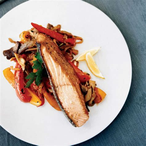 salmon-with-oyster-mushrooms-and-peppers image