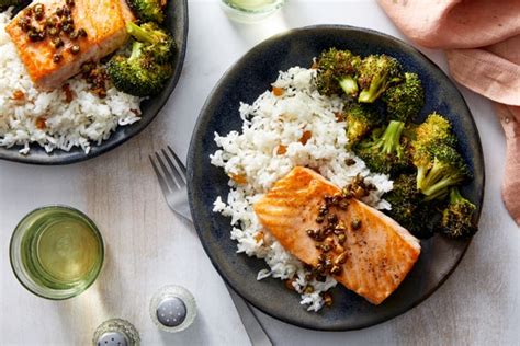 salmon-piccata-with-garlic-rice-roasted-broccoli image