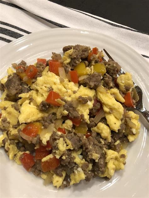 scrambled-eggs-with-sausage-onions-and-peppers image