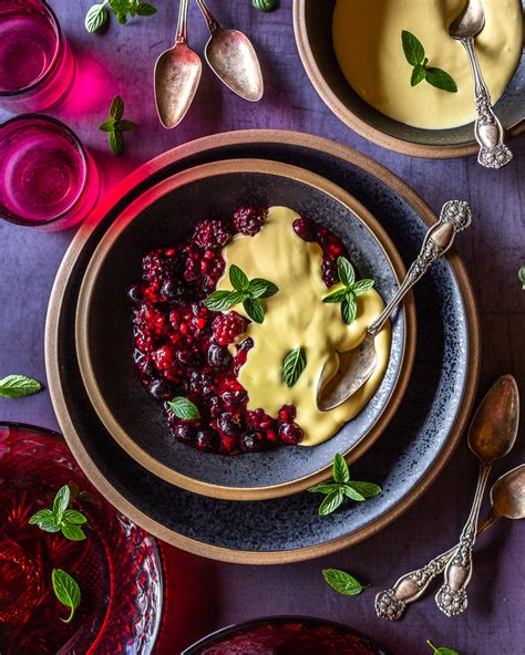 red-berry-fruit-compote-with-custard-sauce-rote image