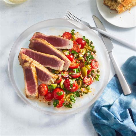 seared-tuna-with-tomato-olive-caper-salad image