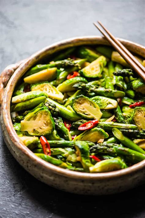 chili-garlic-stir-fried-brussels-sprouts-with-asparagus image