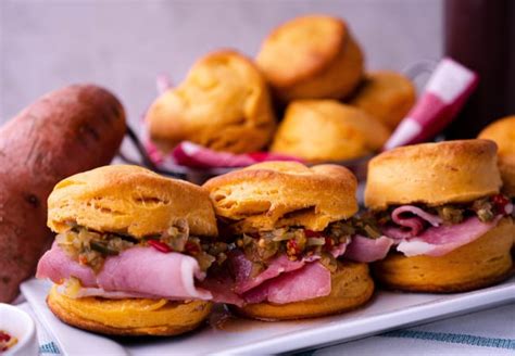 sweet-potato-biscuits-country-ham-slices image