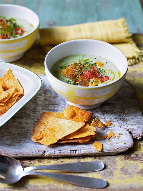 chilled-avocado-soup-with-tortilla-chips-vegetables image