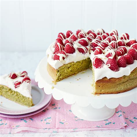 matcha-cake-with-raspberries-and-white-chocolate image